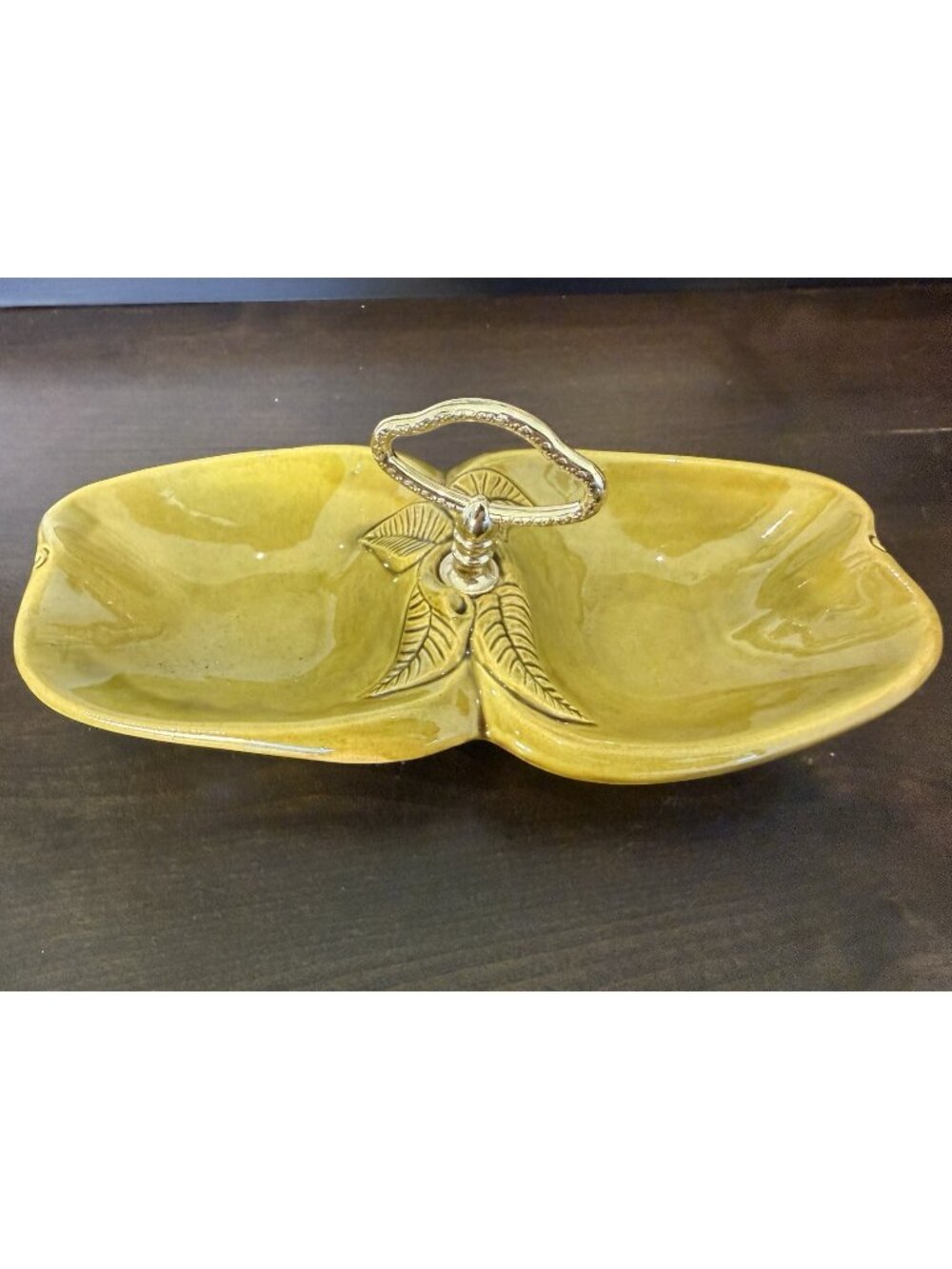 Vintage Chartreuse California Pottery Double Apple & Leaf Design Dish #716